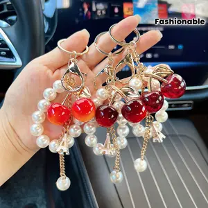 Fashionable Cherry Imitation Pearl Chain Keychain Pendant Women's Charm Double Cherry Car Keychain Gift Sparkling with White Tower Suitable for Commuting and School Gifts for the Back-to-School Season Three Valentines Gift for BF