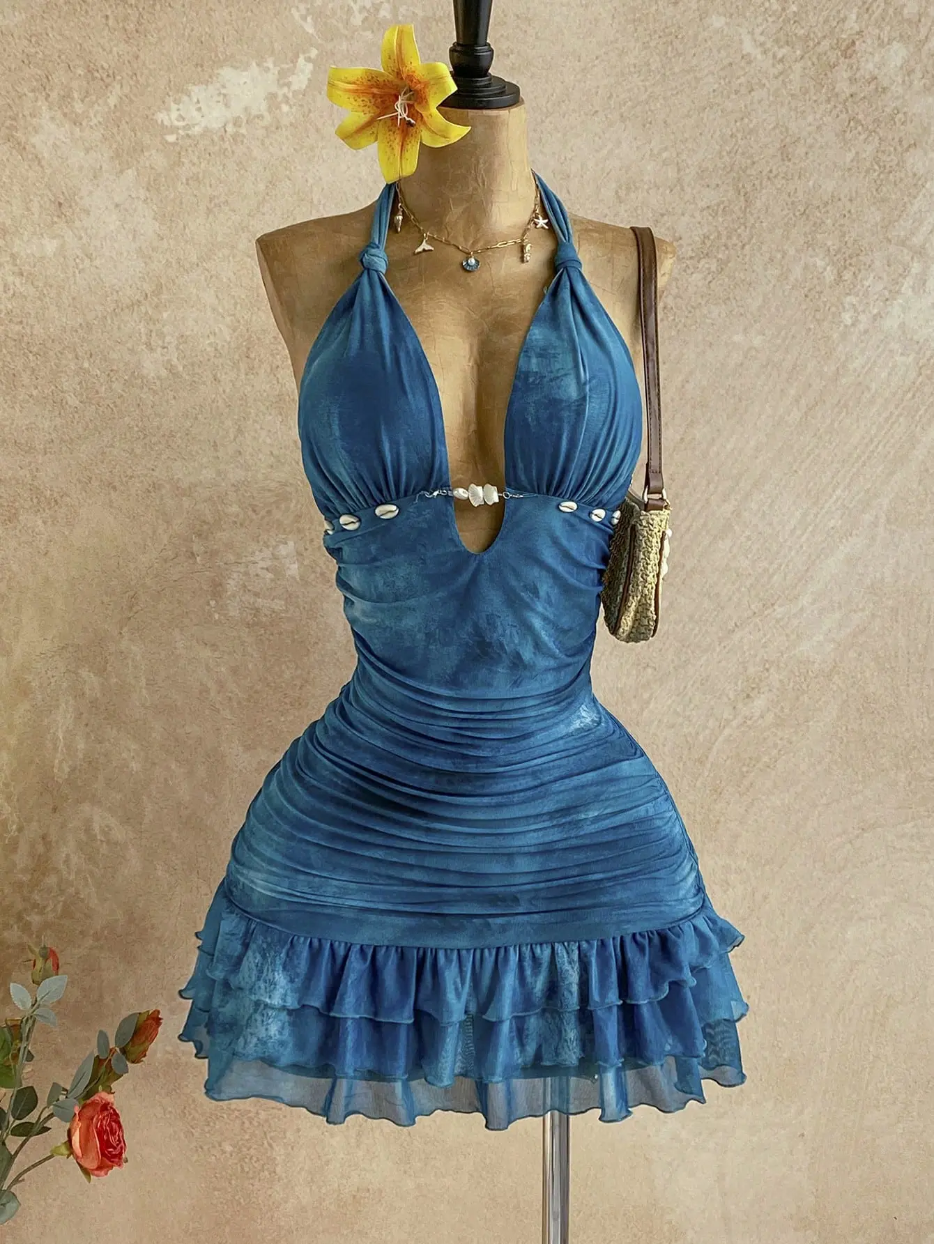 Women’s Sky Blue Boho Halter Mini Dress – Backless Mesh Floral Shell Decor Ruffle Tie Bow Beach Party Vacation Dress, Elegant Summer Holiday Outfit