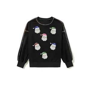 Women's Black Sequin Patched Santa Claus Baggy Sweatshirt – Festive Casual Style for Christmas