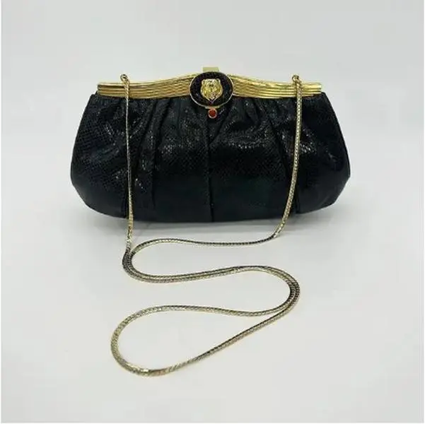Pre-owned JUDITH LEIBER Black Pleated Lizard Leather Clutches & Wristlets Black Lizard Lion Head Clutch