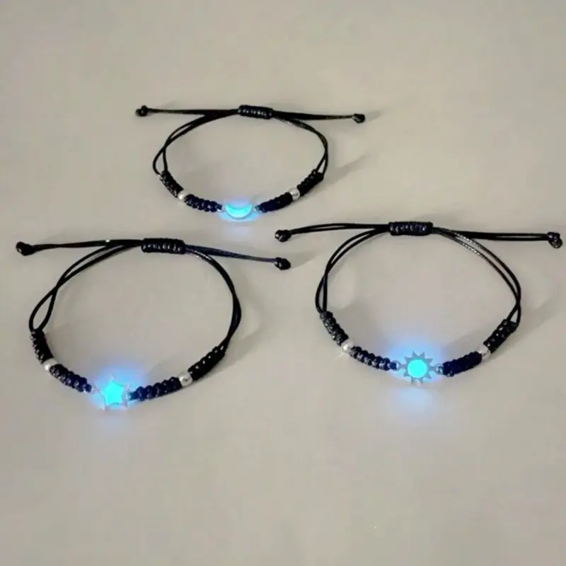 3 Pcs Good Friend Sister Brother Couples Grow In The Dark Sun & Moon & Star Love Decoration Black Woven Charm Bracelet Stylish Look For Women Lady Loved Ones Holiday Gifts