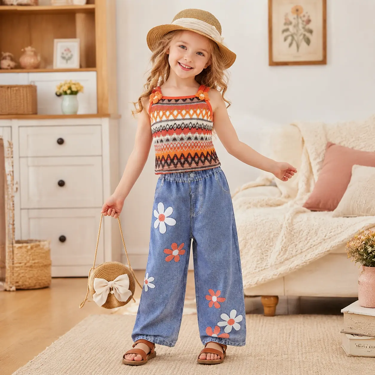 Girls 2-Piece Boho Summer Outfit Set, Orange Crochet Knit Geometric Tank Top with 3D Flower Straps & Daisy Appliqué Wide Leg Denim Jeans, Trendy Retro Hippie Style Clothes for Kids 4-7 Years Old Boutique
