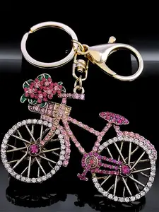 Aesthetic Romantic Bicycle Keychain for Women Girl Gold Color Metal Pink Rhinestone Bike Flower Key Ring llaveros