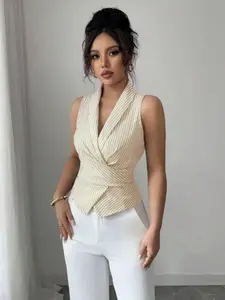 Women's Slim Fit Sleeveless Striped Back Tie Waistcoat, Cross Front Asymmetrical Hem Shirt, Elegant Business Casual Top