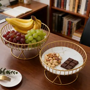 Metal Fruit Tray with Marble Base, Hollow Design Fruit Basket, Wire Basket, Home Kitchen Living Room Bedroom Countertop Storage Basket, 1 Piece