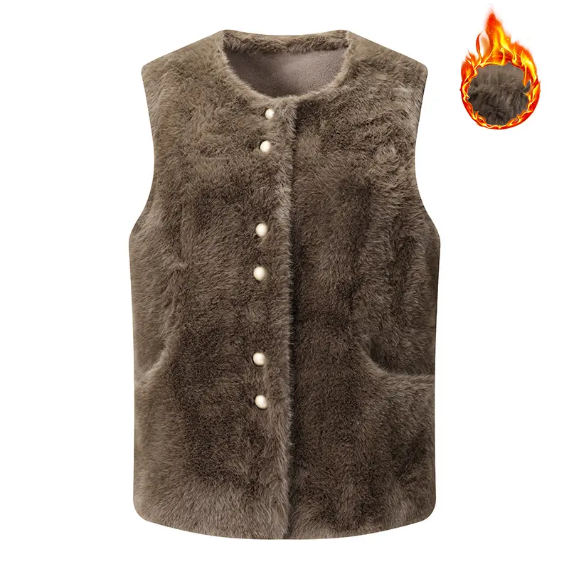 100% polyester faux fur women’s vest, crew neck, single-row button closure, plush sleeveless shrug for autumn/winter, vintage plush outer layer vest for women with pockets, warm layering tank outerwear, soft aesthetic faux fur sleeveless vest, simple sing