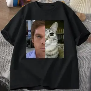 Dexter Morgan Cat Split Face Meme T-Shirt| Casual Streetwear Black Cotton Tee, Unisex S-3XL