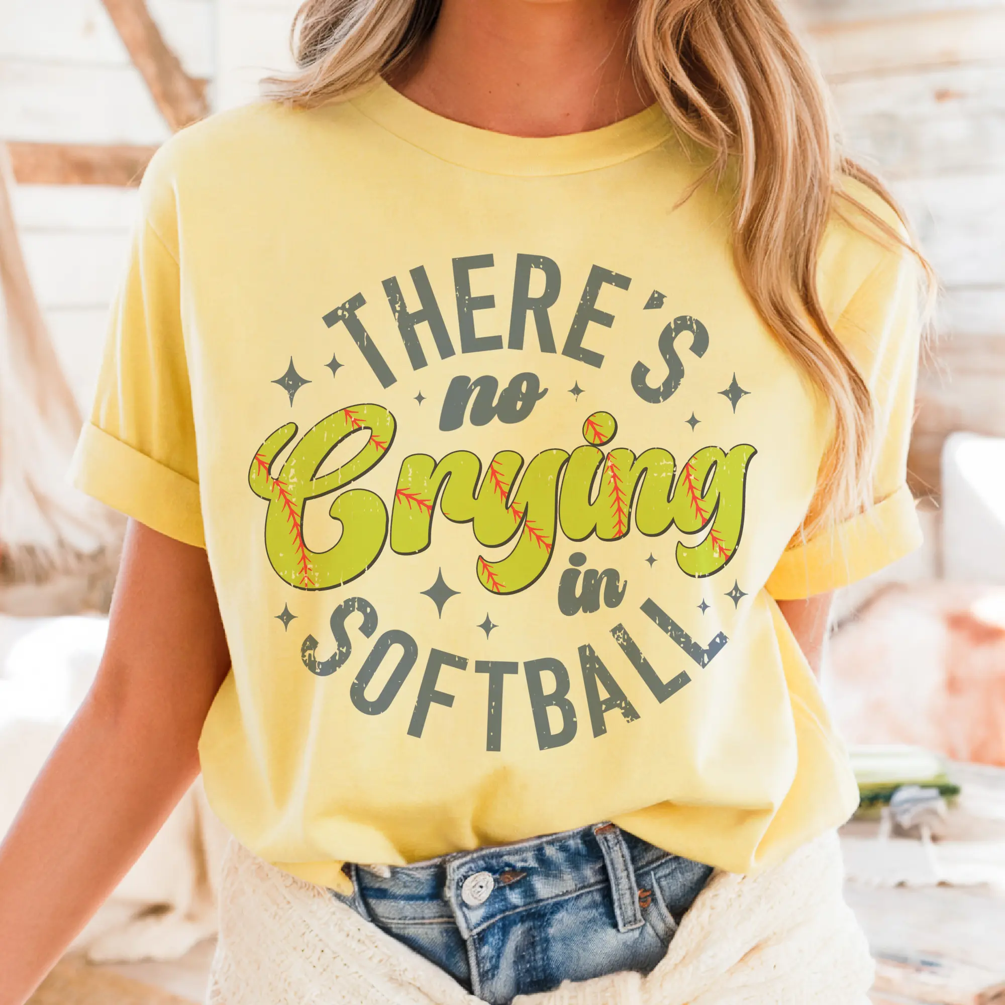 Vintage Softball Tee Retro There's No Crying In Softball Tshirt Sports Mom T-Shirt Game Day Softball Top Womenswear Lightweight Casual Sublimation Crewneck