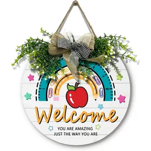 Welcome Classroom Teacher Door Sign Wooden Welcome Sign for Classroom Door Creative Rainbow Hanging Plaque  Pencil  Classroom Wreath Inspirational Wall Art  Decor  12 inch