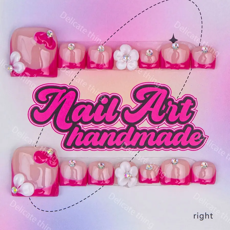 Delicate thing Y2K press-on toenails, Handmade Nails, Fake Toenails, four sizes to choose from (XS/S/M/L) Suitable for beach vacations and sandy beaches Floral Embellished Flower Nails Rhinestone Nail Designs