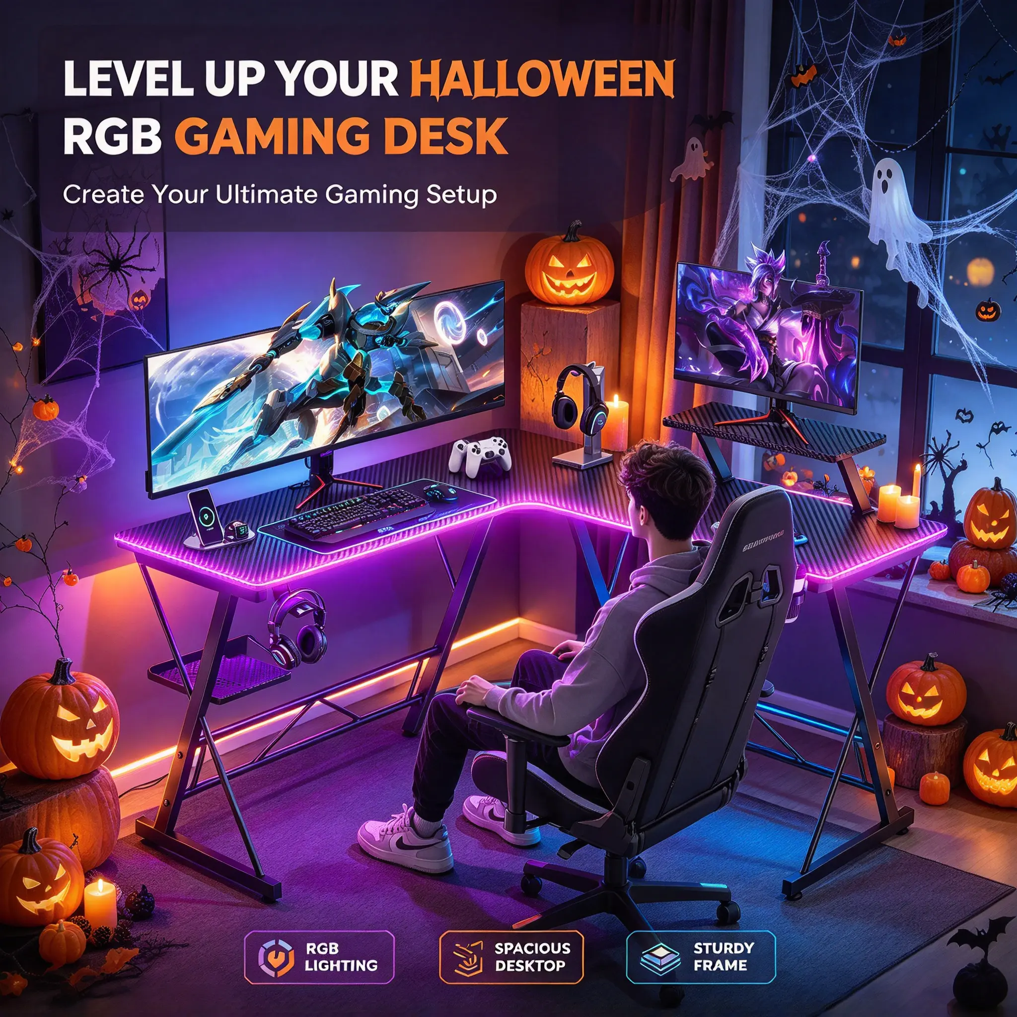 【Helloween Gift】Mr IRONSTONE gaming desk with led lights, L Shaped Gaming Desk Corner Computer Desk with Carbon Fiber Surface, gamer desk with cup holder and headphone hook, space-saving tables & desks, work from home desk