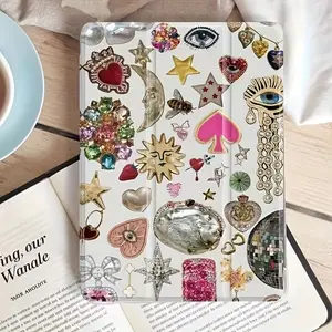 Y2K style retro jewelry collage print pattern, with adjustable stand and pen slot, foldable non-slip TPU protective case, suitable for Samsung, iPad mini, iPad Air, iPad Pro/iPad 10th generation, 11th generation and other series of iPad protective cases.