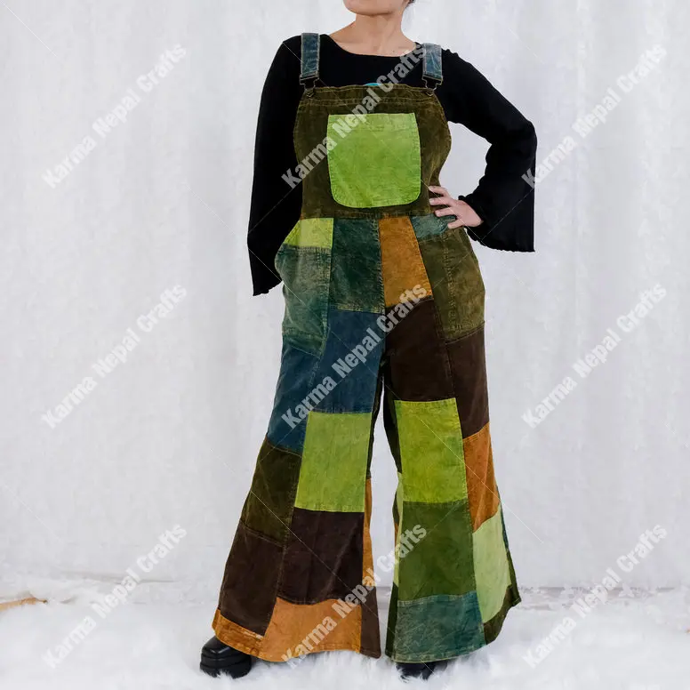 Cotton Patchwork Corduroy Jumpsuit, Bib Overalls, Fall Winter Bell Bottom Boho Dungarees, Hippie Romper, Vintage Vibes, Unisex Handmade Pant Suit, Warm Corduroy Jumpsuit