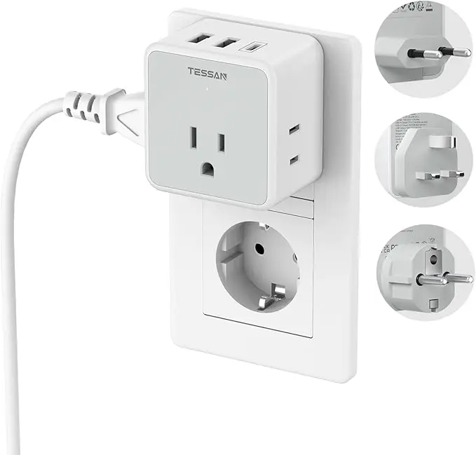 TESSAN All European Travel Plug Adapter Kit, Universal International Charger with 3 Outlets + 3 USB Ports (USB-C), Detachable EU Power Adapter for Italy France Spain Germany Greece UK Ireland