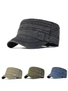 Casual Washed Cotton Flat Top Hat, Adjustable Military Cap for Men and Women, Unique Vintage Design, Suitable for All Seasons