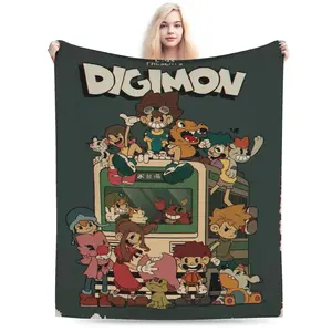 Cartoon Digimon Theme Print Flannel Blanket - Suitable for Home, Office, Travel and Outdoor Use - Machine Washable