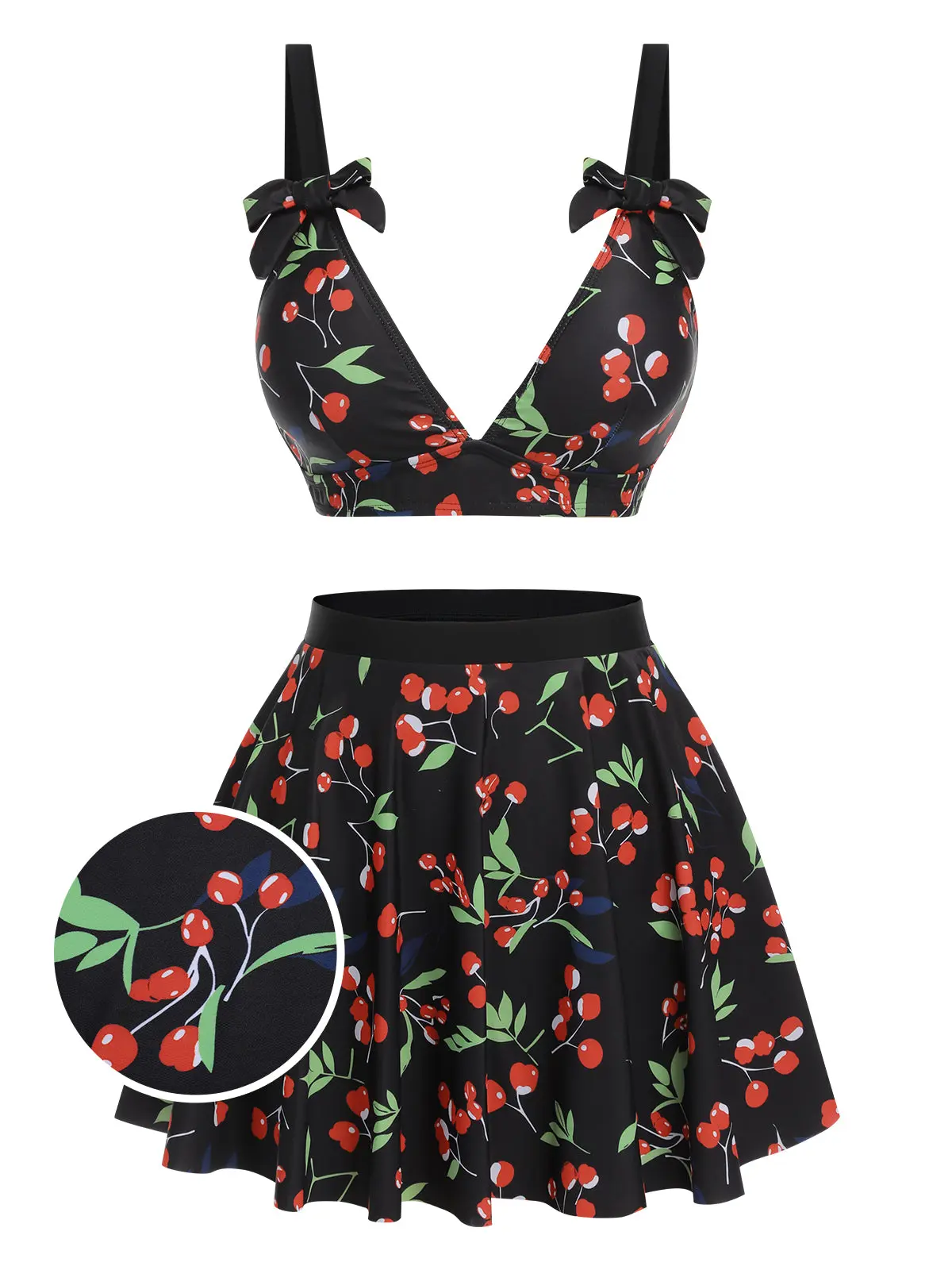 Black 1950s Cherry Bow V-Neck Swimsuit vacation swimwear for women cute summer outfits