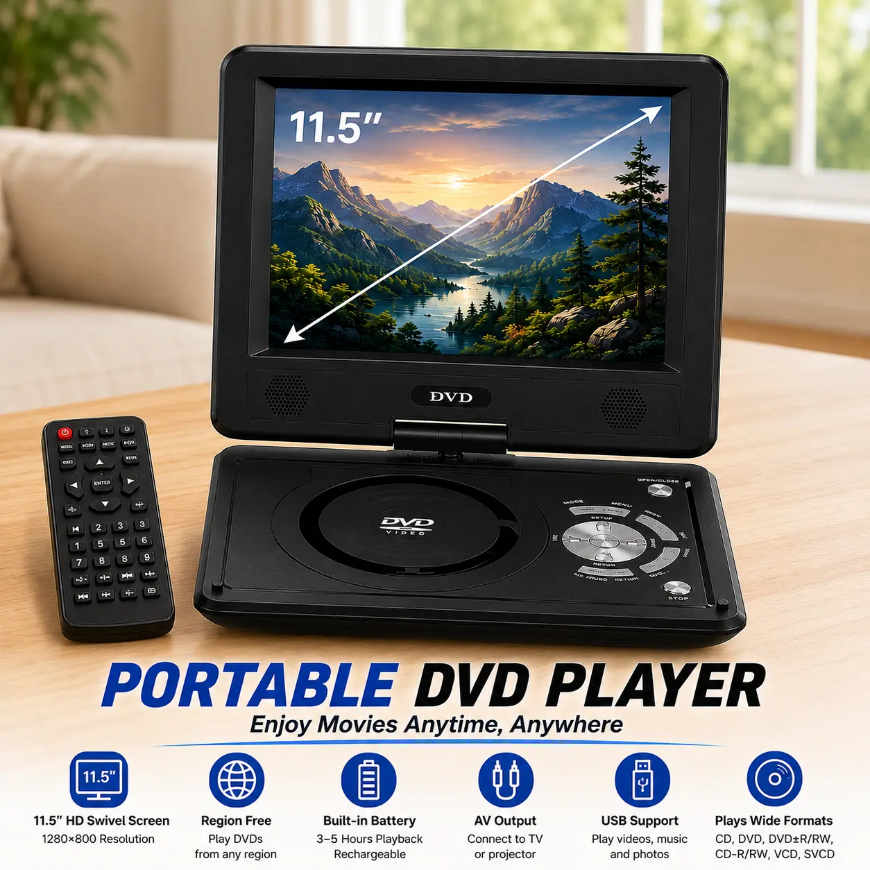 Compact Portable DVD Player with Screen - 3-5hr Built-in Battery, Audio Support, TV Sync, SD Card/USB Compatibility, Multiple Disc Formats, CD Playback, Multimedia Video Player, Road-Trip Companion (Black)