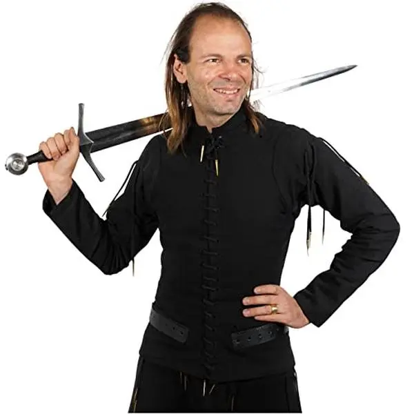 Mythrojan Men's Black Sleeve Late Medieval Arming Doublet - 15th Century Cotton Plate Jacket, Brass Aiglets, Leather Tabs, Side Lacing for Reenactment, LARP Costumes (Size XS), Menswear, Breathable, Clothes, Solid, Fraying Prevention, Hand Wash Or Gentle,