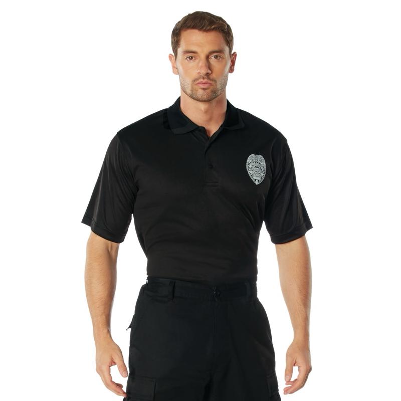 Rothco Moisture Wicking Security Guard Polo with Printed Badge - Menswear Shortsleeve Black Polyester Uniform Shirt for Security Personnel, Security Guards Bouncers Event Staff Public Safety Man Top 3-Button Collar