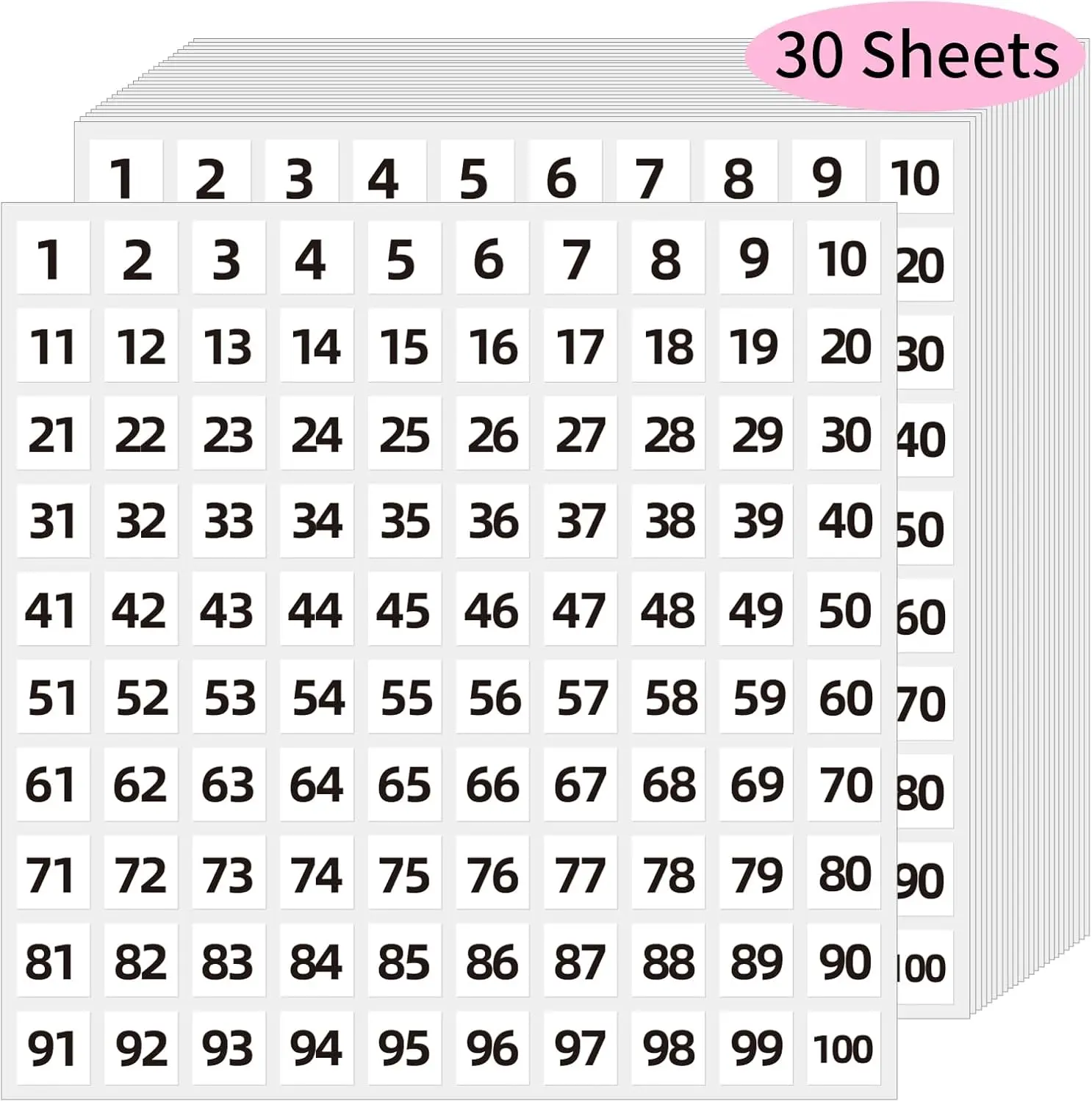 0.4" Bold Font Square Self-Adhesive Number Stickers, 1-100 Consecutive Numbers, 100pcs/Sheet, 30 Sheets (3000pcs Total), Easy-to-Read, Highly Visible, Smooth-Surface Office Stationery for Inventory Management, 0.4" Size