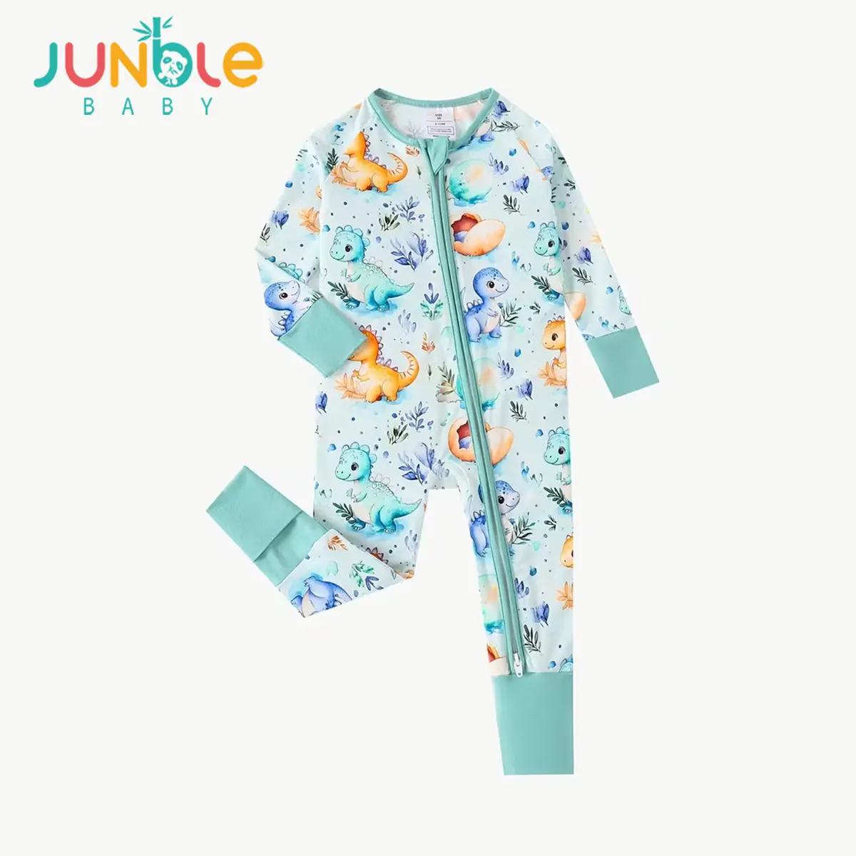 JUNBLEBABY Snug Fitting Unisex Baby Romper, Premium Soft Bamboo Watercolor Dinosaur Print Pajamas, Long Sleeve with Convertible Footies & 2-Way Zipper, Cute Dino Infant Sleepwear Outfit