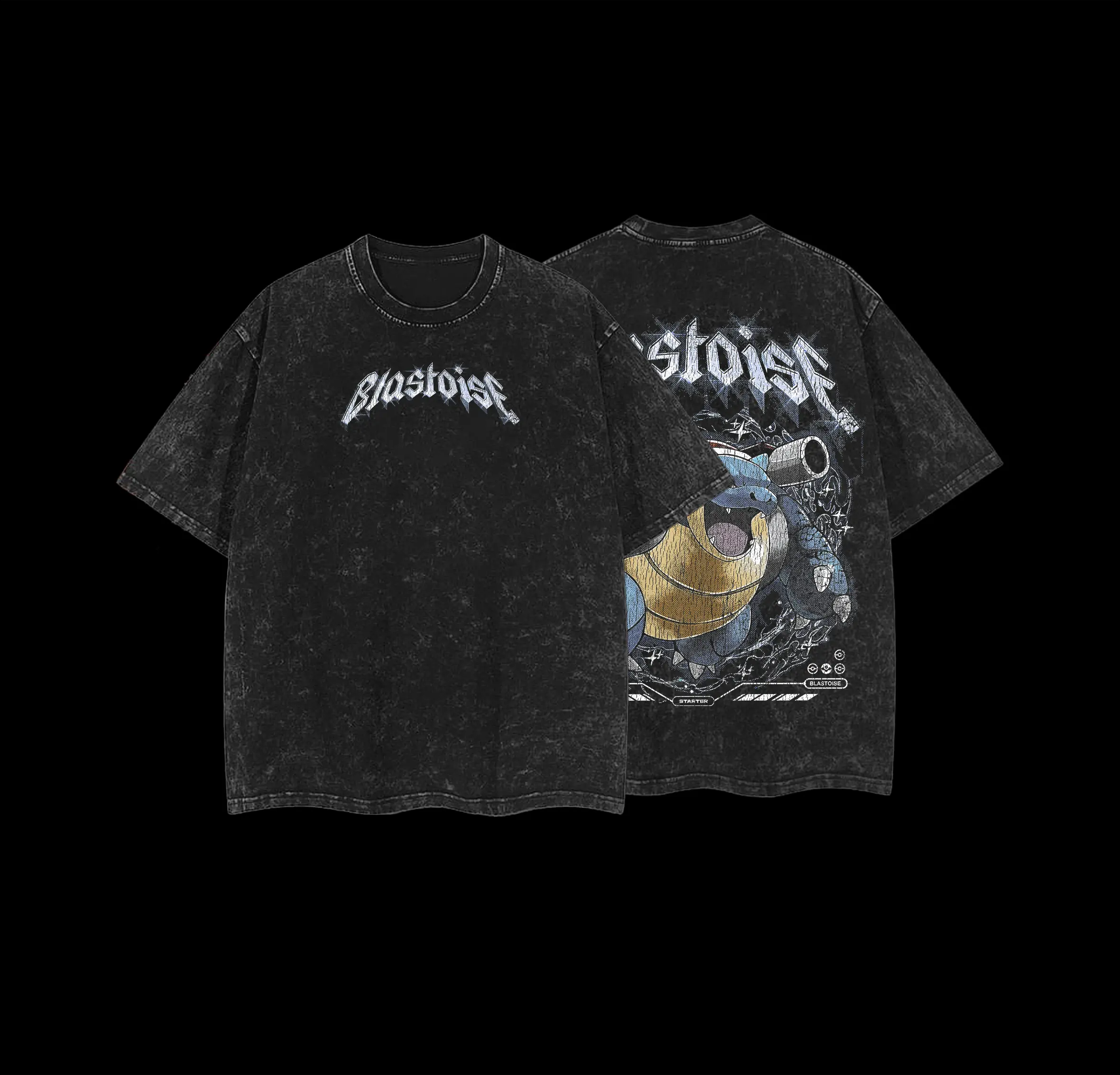 Pocket Monsters "Blastoise" Vintage Unisex Oversize Anime Manga Acid Washed Heavyweight Cotton T-shirt for Fans