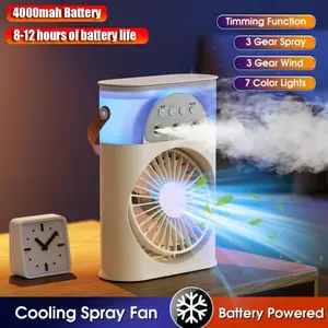 Cooling Spray Fan 2025 4000mAh Rechargeable 8-12 Hours Battery Life Portable 3-in-1 Air Humidifier with LED Night Light & 7 Color Lights for Home