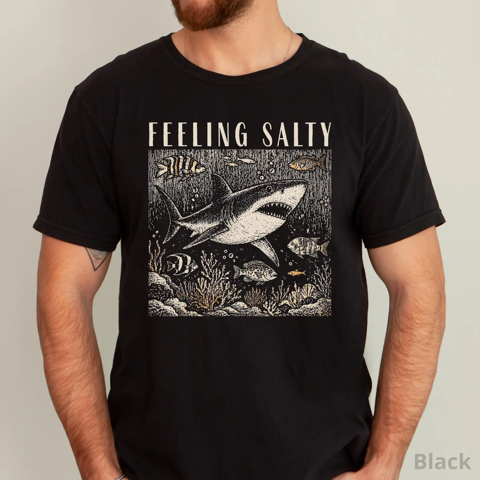 Feeling Salty Shirt, Unisex Retro Ocean Graphic Tee, Summer Coastal Sea Life T-Shirt, Beach Shark Theme Casual Top, Vintage Beach Vacation Tee