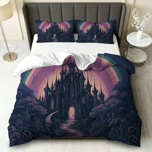 3PCS Duvet Cover Set, 1 Duvet+2 Pillowcases(Without filler), Mysterious Gothic Castle Fantasy Enchanted Twilight theme, Halloween bedding set, Dark Magical Architecture Suitable for decoration bedroom, guest room, dormitory, lounge.