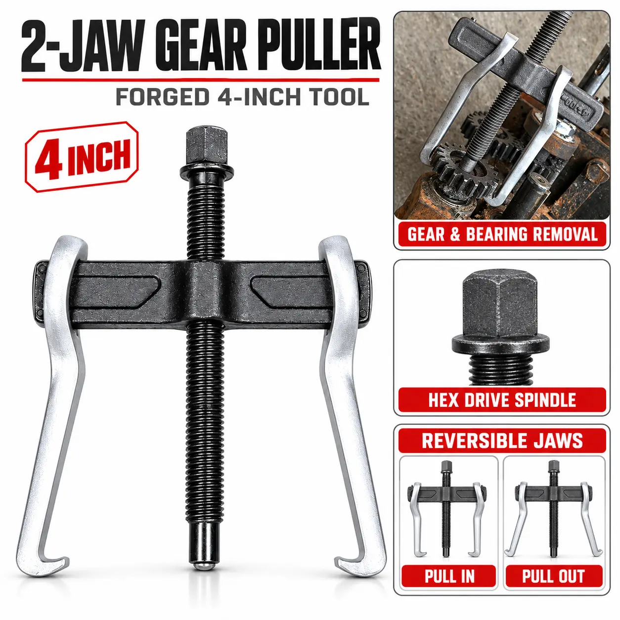 4 Inch 2-Jaw Gear Puller, Forged Steel Bearing Puller Tool with Reversible Jaws, Heavy Duty Pulley Removal Tool for Automotive, Motorcycle, Small Engine Repair