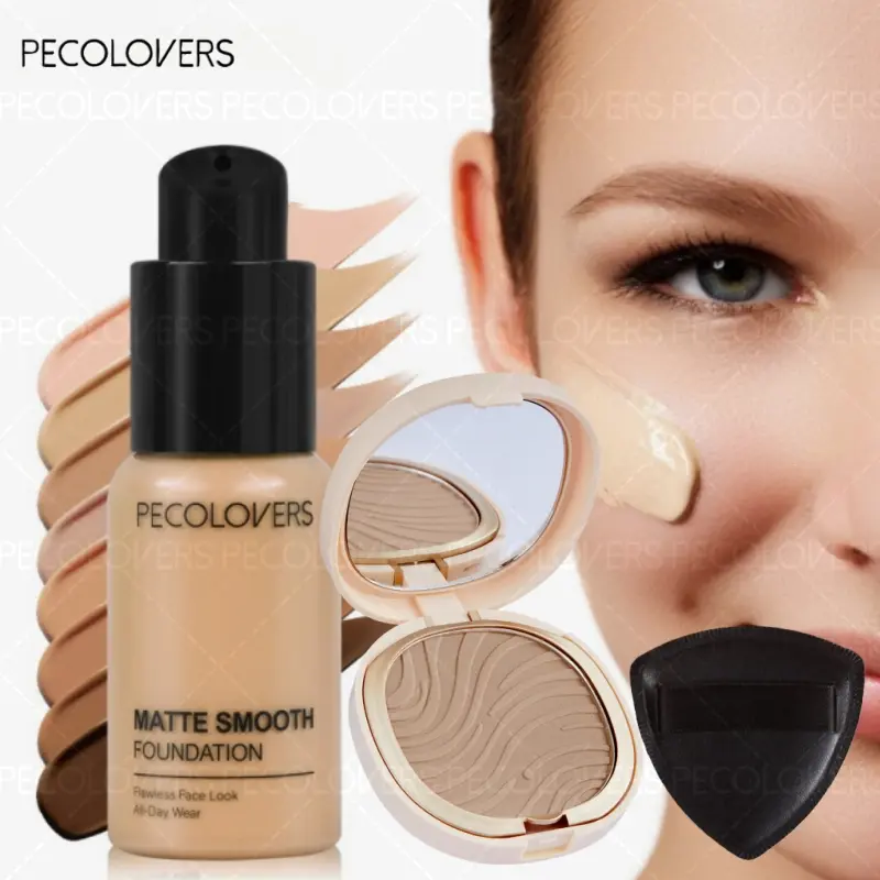 3pcs/set Beginner‘s Foundation Set, 3PCS Liquid Foundation & Pressed Powder & Makeup Puff, Waterproof Long-Wearing Full Coverage for Smooth Flawless Finish