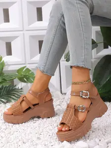 3-color fashionable woven wedge heel thick soled sandals for women, double strap design sponge bottom sandals, summer casual fashion shoes, high-heeled sandals, Platform Wedge