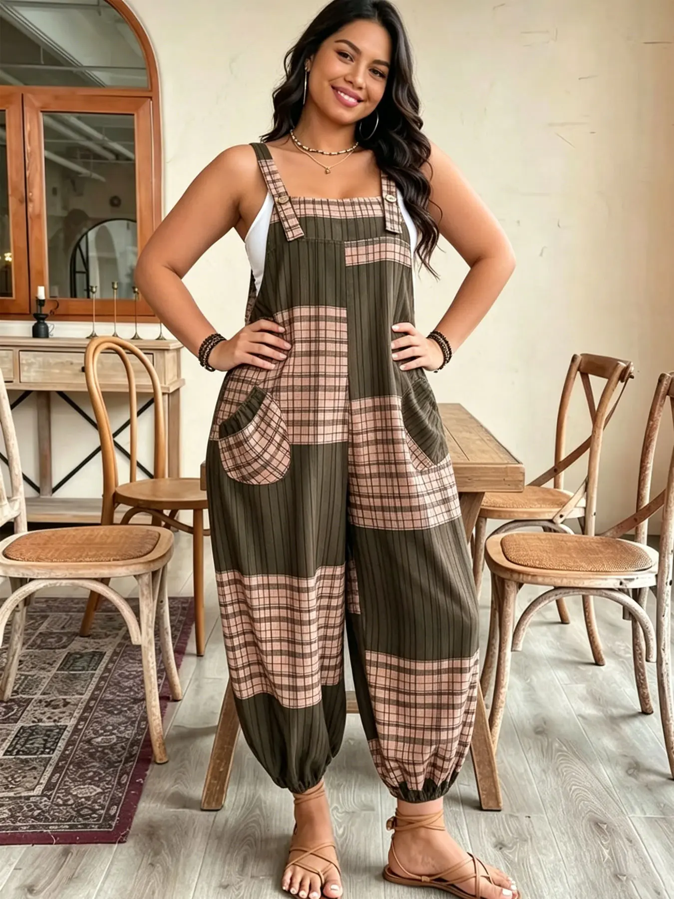Plus size women's fashionable versatile color-block Plaid double-pocket cuffed strappy Sleeveless loose fit overalls, suitable for summer, daily commuting, casual wear, and vacation