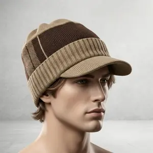 1pc Men's Knitted Sport Beanie Khaki With Embroidered Logo Plush Lined Brim Boho Style Hat