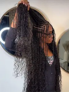 33 Inch Full Lace Front Box Braided Wig, Curly Hair Distressed Knotless Bohemian Style, Synthetic Twist Wigs for Women, Synthetic Twists Wigs