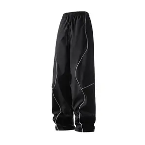 Men's Vintage Street Style Striped Decorative Casual Pants, Black Loose Fit with Drawstring Waist Design, Unisex for Daily Commute Trendy Styling, Comfortable and Versatile, High Street Deconstructed Feel Men's Pants
