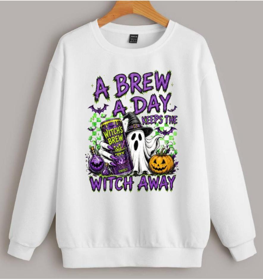 (Youth & Adult) Halloween Witch A Brew A Day Keeps The Witch Away Funny Graphic Design Sweatshirt, Witch’s Brew Spooky Season Crewneck, Cute Fall Gift for Witch Lovers, Apparel Made In The USA, By Helton86 Graphic