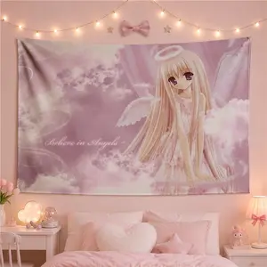 Kawaii pink angel anime tapestry wall hanging, cute pastel fairy girl room decor, soft aesthetic bedroom tapestry for teen girls, dreamy cloud angel wall art, polyester fabric dorm decor, Y2K coquette room decoration gift