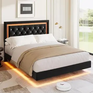 GAOMON Floating Full Platform Bed Frame with Smart LED Lights, Modern Upholstered Diamond Headboard, Noise-Free Wood Slats, Under-Bed Storage, Easy Assembly, Black
