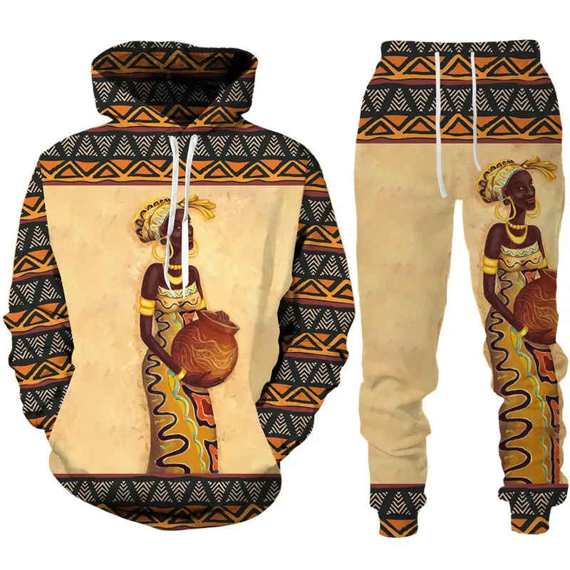2025 New African Ethnic Culture Digital Printed Men's Sweatshirt Suit New Hooded Sweatshirt Trousers