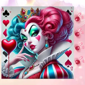 5D DIY Full Drill Round Diamond Painting - Diamond Art Kit with Red and Blue Hair, Crown, Playing Cards. Mosaic, Canvas - DIY Decorative Painting, Home Wall Decor, Suitable for Halloween, Christmas, Birthday, and Anniversary Gifts.