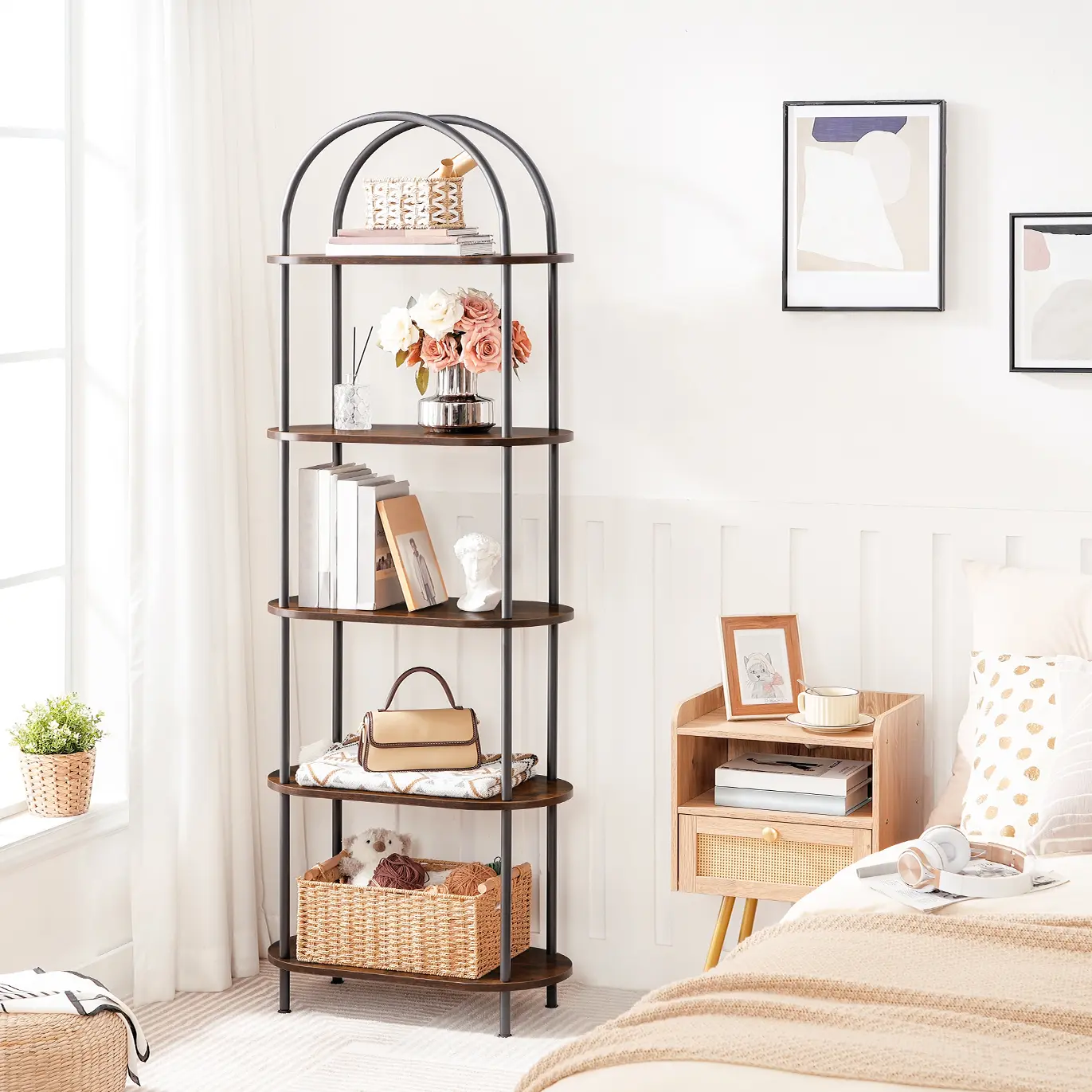 HOOBRO 5 Tier Open Bookshelf, Industrial Arched Bookcase Display Shelf Racks, Wooden Bookcase Storage Shelves Metal Frame, Tall Storage Organizer for Home, Entryway, Living Room, Office Easy Assembly, Rustic Brown #SummerVibes