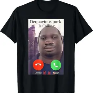 Premium 100% Cotton Dequavious Is Calling Meme Tee | Men's Funny Incoming Call Character T-Shirt | Retro Urban Graphic Crewneck Short Sleeve Shirt, Soft Comfortable Loose Fit Gag Gift Top