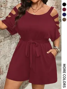 Plus Size Solid Color Basic Romper, Casual Pocket Romper for Summer, Women's Clothes for Daily Wear Plus Size Solid Color Basic Romper, Casual Pocket Romper for Summer, Women's Clothes for Daily Wear