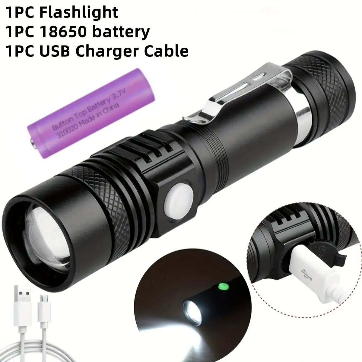 1PC Ultra-bright LED Tactical Flashlight, Rechargeable Flashlight With 18650 Battery, Mini Flashlight, USB Charging, Telescopic Zoom, 4 Modes, Portable Flashlight, For Daily Use, Hiking, Camping, Outdoor Emergencies, Hotels, And Gifts