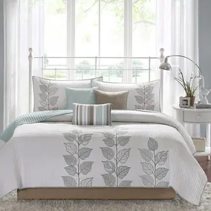 212 MAIN Caelie 6-Piece Quilted Coverlet Set - King Size, Classic Blue Leaf Print, Machine Washable Reptile & Amphibian Habitat Decoration