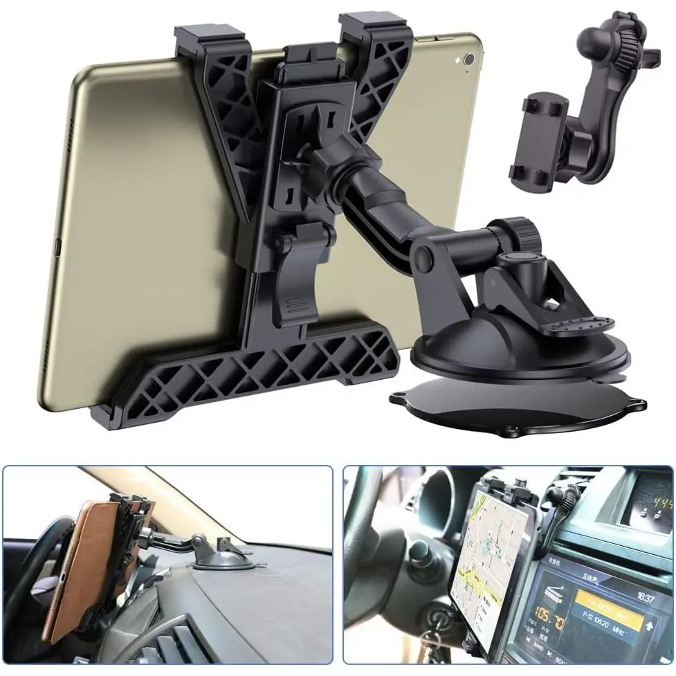 Tablet Holder for Car Dashboard, iPad Car Suction Cup Mount for Truck Windshield Vent with Flexible Arm Clip, for All 6"-11" Apple iPad Samsung Galaxy Tab Tablets, 360° Rotation, Black