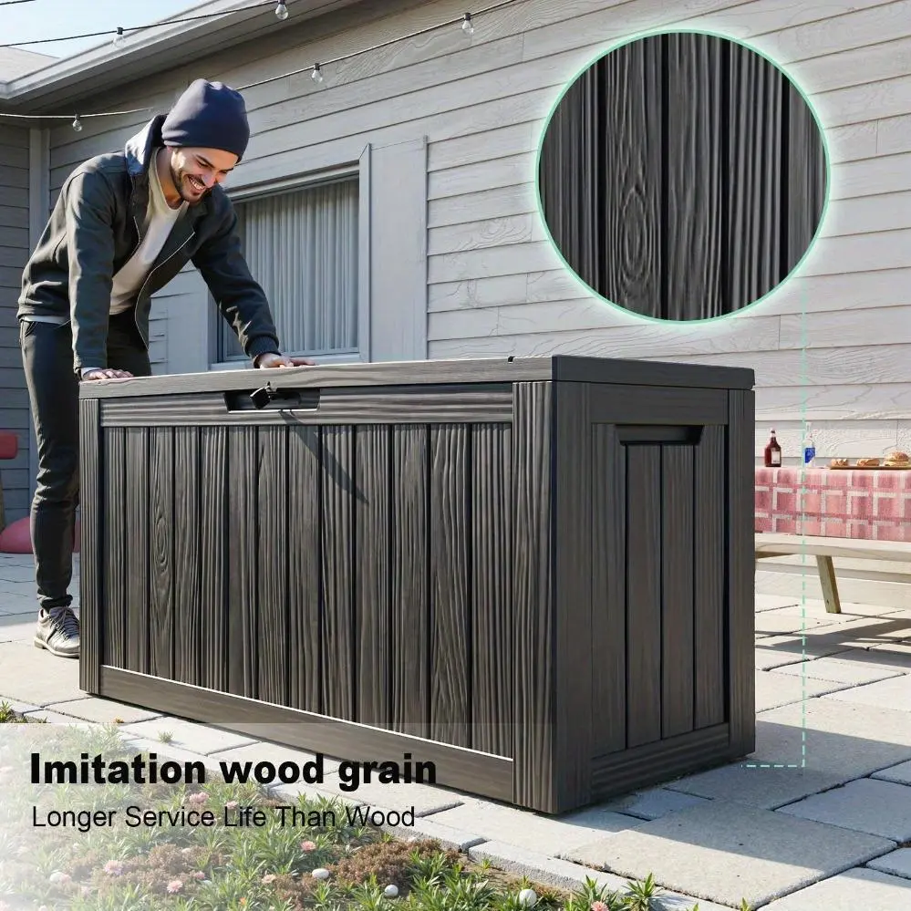 92 Gal Dark Wood Grain Outdoor Resin Storage Deck Box with Stool Function, Lockable Lid, UV Resistance for Patio Furniture Cushions, Garden Tools