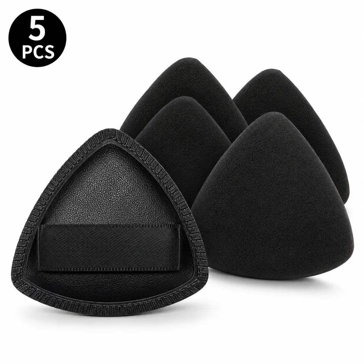 5PCS 3-Layer Triangle Foundation Puffs, Black Makeup Puffs with Barrier Layer, Soft Precision Applicators with Finger Strap for Liquid Foundation & Concealer